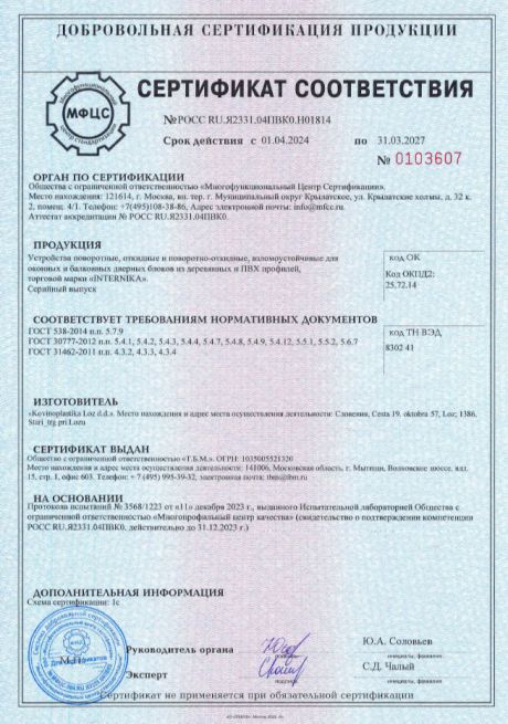 Сертификат соответствия «Окна В Дом» — Internika